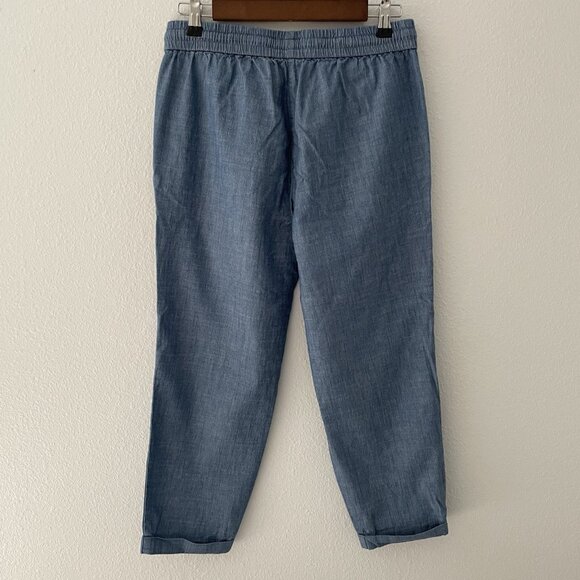J. Crew Chambray Blue Drawstring Cropped Cuffed Trouser Pants 100% Cotton Size 4 - Picture 2 of 9